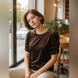 Discreet Brown Velvet Velour Ruched Sleeve top, size XL